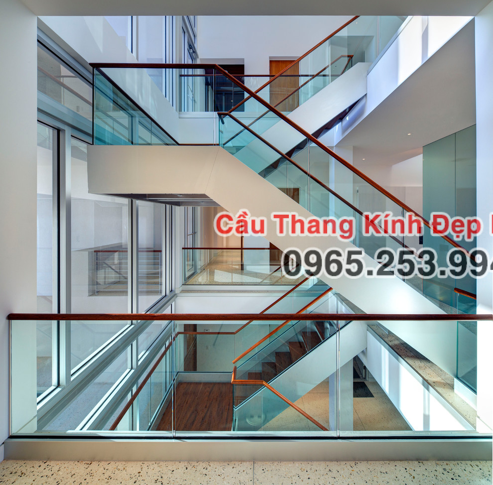 Cầu thang đẹp Hà Nội Đơn vị chuyên thiết kế thi công cầu thang kính không chân giá rẻ tại Quận Nam Từ Liêm theo yêu cầu khách - 0965.253.994